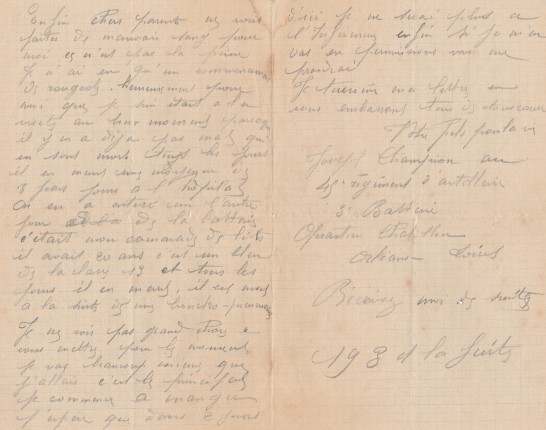 Lettre de Joseph Champion à ses parents. Orléans, le 11 mars 1914